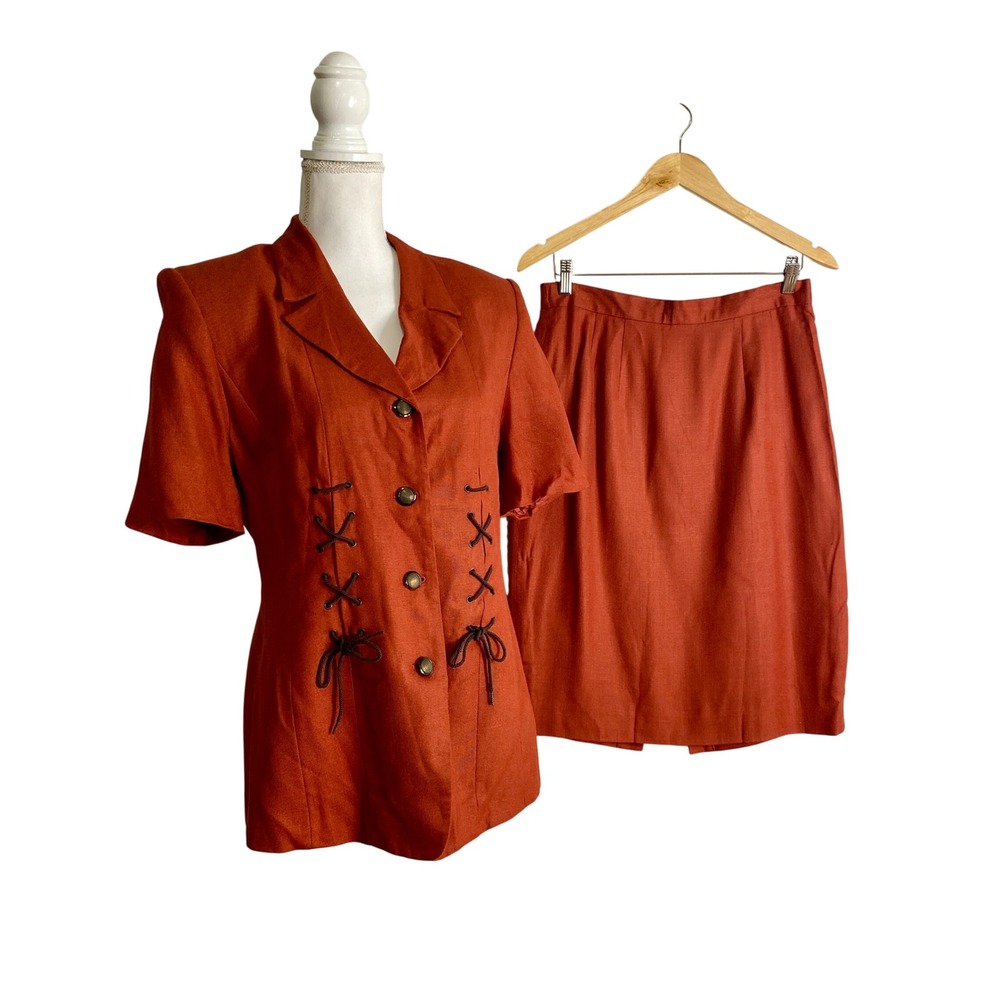 Vintage Liz Claiborne Rust Lace Up Corset Short Sleeve Skirt Suit Set Cottage
